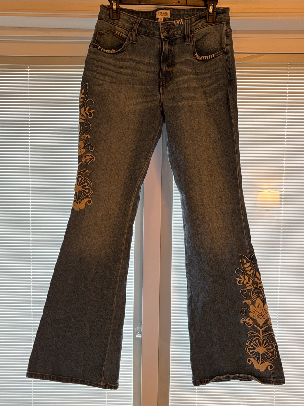 Shyanne Dark Blue Flare Jeans with Tan Embroidery